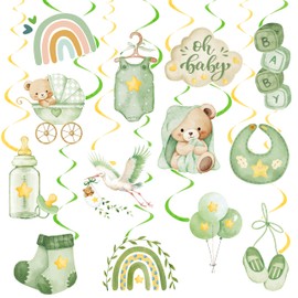Sage Green Boho Teddy Bear Baby Shower Hanging Swirls, 20PCS Oh Baby Ceiling Streamers with Cute Bear Cutout, Neutral Gender Reveal Party Decorations for Boy Girl, Greenery Baby Shower Favors Supplies