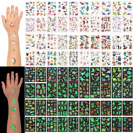 40 Hojas Tatuajes Temporales Niños y Niñas, 450 Diseños Luminosos que Brillan en la Oscuridad, Tatuajes Falsos para Fiestas Infantiles, Regalos Cumpleaños, Decoración Piñata (Dinosaurios, Sirenas, Animales, Espacio)