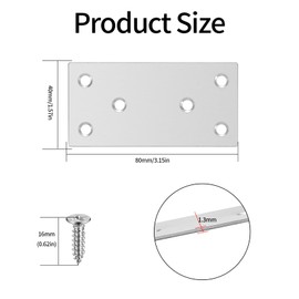 Pack of 10 Stainless Steel Flat Connectors, Perforated Plate, Wood Connector, Flat Corner Angle Connection Plates for Repair, Fixing Wood, Furniture (Silver, 80 x 40 mm)
