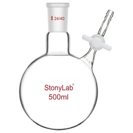 Stonylab Reaction Flask - Borosilicate Glass Single-Neck Flask with 24/40 Joint and PTFE Stopcock Valve, Round Bottom, 500 ml