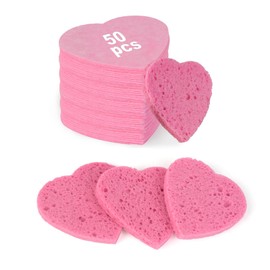 HUAXIN BIOTECHNOLOGY 50-Count Heart Shape Compressed Facial Sponges,100% Natural Cellulose Face Sponge Spa Sponges for Removing Dead Skin, Dirt and Makeup(Pink)