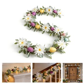 5.9FT Garland with 40 LED Lights for Mantle Lighted Garlands Decor Pastel Spring Lambs Ear Garland with Flower Artificial Window Floral Light Wreath Decorations for Home Indoor