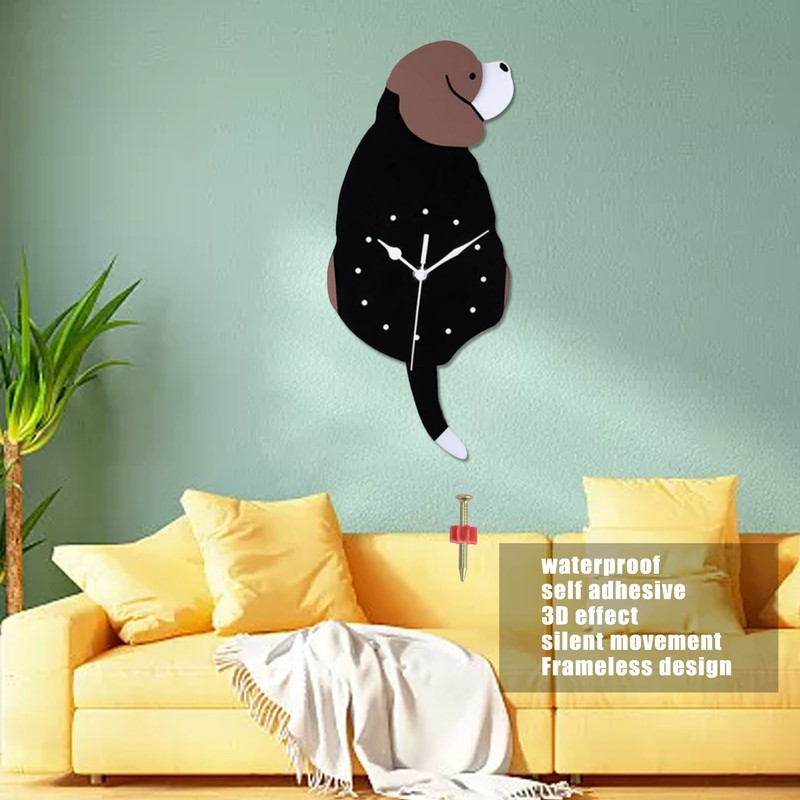 Wall Clock Self Adhesive Waterproof 3D Effect Silent Movement Dog