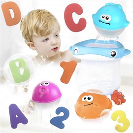 WYFCR 45PCS Bath Toy Set ,1 organizer with Soft Foam Bathtub Letters & Number, 2 in 1 design whale fishing net and 3 floating squirts animals balls,for Toddlers Kids Games Learning