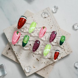 3D Fruit Press on Nails, Medium Almond Watermelon Lemon Kiwi Design, Thick Acrylic Full Set Reusable Summer Nails (Fruit Party, M)