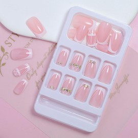 ANDGING French Tip Press on Nails Square White Short Medium Fake Nails with Rhinestone Curved Line Designs Acrylic Glue on Nails for Wedding Gel Manicure Pressons False Nails for Women Stick on Nails