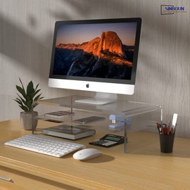 Sinboun Acrylic Monitor Stand Riser, 16 inch Acrylic Monitor Stand, 2-Tier Clear Riser for Laptop PC Printer, Computer Monitor Stand with Extra Storage Space Home Office (S-C-MSR)