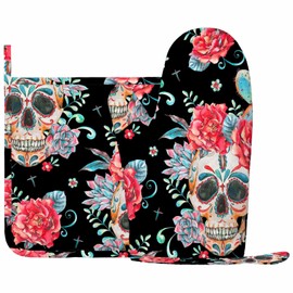 Mxocom Skull and Roses Oven Mitts and Pot Holders Sets Vintage Watercolor Cactus Boho Style Skull Day of The Dead Silicone Heat Resistant Kitchen Oven Gloves Pot Holder for Cooking