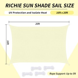 RICHIE Upgrade 16'x20' Sun Shade Sail Rectangle Canopy, Water Resistant & UV Block Sunshade for Outdoor Patio Lawn Beach Garden Carport Backyard Deck Pergola, Light Grey