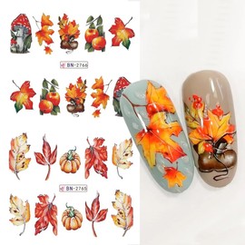 12Pcs Maple Leaf Nail Stickers Fall Nail Art Water Decals Chili Mushroom Sunflower Pumpkin Ladybug Pine Cones Design Sliders Transfer Foils Autumn for Women Nails Thanksgiving Day Manicure Decorations