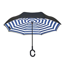 Topsy Turvy Inverted Umbrella: Windproof, UV Protection, Drip-Free, C-Shape Handle for Hand-Free Use, Self-Standing | Navy Stripes