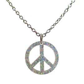 Iridescent Glitter Peace Sign Pendant Necklace, Peace Maker Protest Cute Necklace Jewelry