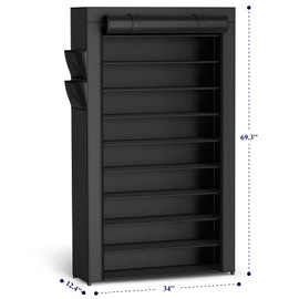 Kitsure Shoe Rack - 10-Tier Large Capacity Shoe Organizer Shelf with Dust Cover & Side Pockets, Rust-Proof Metal Shoe Rack for Closet, Entrance, Living Room, 33.6" x 12.4" x 69.3", Black