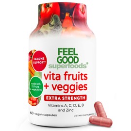 FeelGood Superfoods 1000mg Immune Support Capsules Made with 25 Organic Fruits and Vegetables, Strong Immunity Boosters with Vitamins A, C, D3, and Zinc, 60 Count