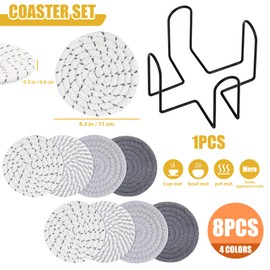 elook Drink Coasters Set of 8 - Cup Coasters with Holder, Reusable Dining Table Setting Round Placemats, Handmade Braided Fabric Coasters for Various Cups, Tables & Home Decor - 4.3 '' (Black)