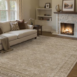 PureCozy 5x7 Light Brown Area Rug for Living Room Washable Vintage Distressed Carpet Bedroom Low Pile Non Slip Indoor Soft Retro Throw Accent Rug Office Kitchen Bathroom Dining Room