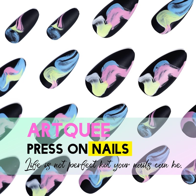 Artquee 24pcs Black Almond Press on Nails Medium Length Fake