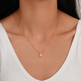 JaruJaru Vermeil Ultra Thin Gold Chain Necklace, Adjustable 15-18 Inch, Four Leaf Clover Pendant & White Zirconia, S925 Sterling Silver with 18K Gold Plating, Hypoallergenic Lucky Jewelry Gift