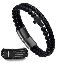 Hengbofeng Mens Bracelet, Mens Gift, Black Woven Leather with Black Stainless Steel Cross Jewelry, 7.5-inch Charming Bracelet, Embedded with Black Agate Beads, Pendant Bracelet, Suitable for Father, Friends, Brothers, Sons