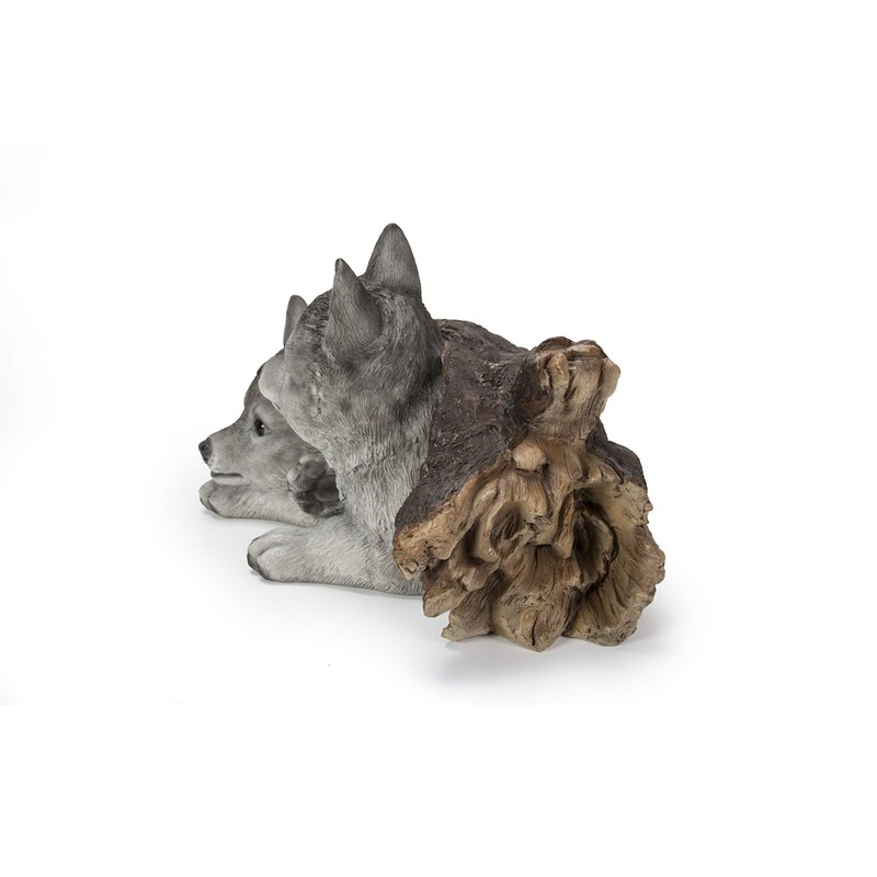 Hi-Line Gift Grey Wolf Cubs Hiding Under Log Statue