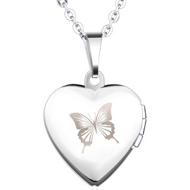 Yumilok Stainless Steel Butterfly Photo Locket for Opening Photo Pictures Amulet Silver Pink Blue Heart Pendant Necklace Pendant for Women Girls, Stainless Steel, No Gemstone