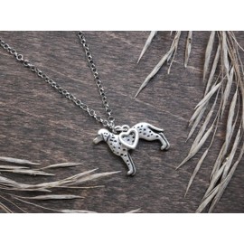 Dalmatian Charm Necklace, Spotted Dalmation Pet Lover Gift, Silver Metal with Heart Pendant on a Chain, Ladies I Love Fire Station Dog