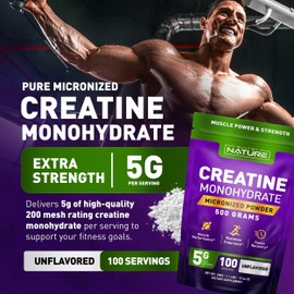 Built by Nature Creatine Monohydrate Micronized Powder – Unflavored, 5000mg (5g) Per Serving, 100 Servings (500g) – Vegan, Non-GMO, Gluten-Free – Supports Muscle Strength and Workout Recovery