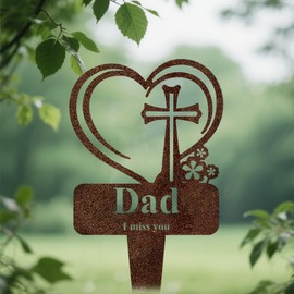 KEMAYUN Dad Memorial Grave Stake, Cemetery Decorations for Grave Markers 12.5 x 7.2 inch Heart Metal Sympathy Stakes Graveside Plaque Decor Sign for Father Graves, Yard, Garden - Rust-Dad