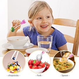 3Pcs Kids Training Chopsticks,Kids Chopsticks Reusable Cat Childrens Chopsticks Learning Chopsticks Easy to Use Right Learning Chopsticks for Children Toddler Beginners,Include Spoon Portable Box,Pink