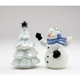 Cosmos Gifts 10576 Fine Ceramic Snowman and Christmas Tree Salt and Pepper Shakers Set, 4" H