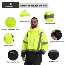 DPSAFETY Reflective Rain jackets for men waterproof,Hi Vis Safety Coat With Reflective Strips，High Visibility Class 3 Rain jackets With 2 large pockets，Zipper,Black Bottom Lime，LG/XL