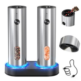 CIRCLE JOY Rechargeable Electric Salt and Pepper Grinder Set Automatic Stainless Steel Pepper Mill Grinders with Charging Base, Adjustable Coarseness, 110ml Container and Bright LED Light, Silver