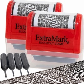 ExtraMark 2 Pack Identity Theft Protection Blockout Stamp - Roller Stamp with Two Replacement Ink Tubes - Red Unit