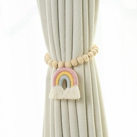 champracer Magnetic Curtain Tiebacks, Rainbow Boho Curtain Holders, Pack of 2 Rainbow Tassels Curtain Holders with Wooden Bead, Curtain Tiebacks Magnetic (Rainbow Pink)