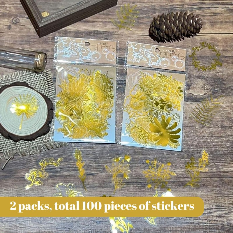 100 pieces gold foil stickers with leaves and flowers for