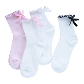 BonjourMrsMr Womens Bow Socks Ruffle Casual Crew Black Whitte Soft Breathable Cotton 4 Pairs Socks