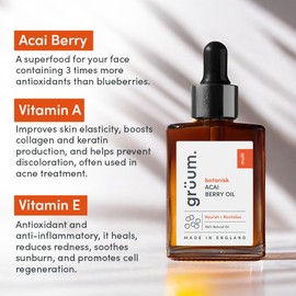 grüum Acai Berry Face Oil 30ml - 100% Natural Anti-ageing Vitamin E Oil for Skin with Vitamin A & C for Women & Men - Made in the UK