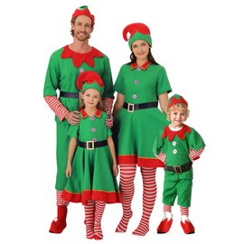 URMAGIC Christmas Elf Costumes Family Matching Green Fancy Dress Elf Outfits for Women Kids Men Adult Xmas Suit