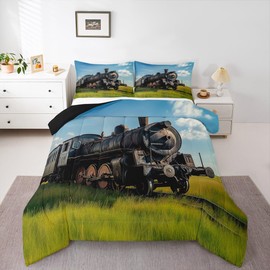 Erosebridal Train Comforter Sets Twin Size Retro Steam Engine Bedding Set for Kids Boys Teens,Railway Track Transport Duvet Sets,Green Grass Blue Sky Down Comforter with 1 Pillow Case