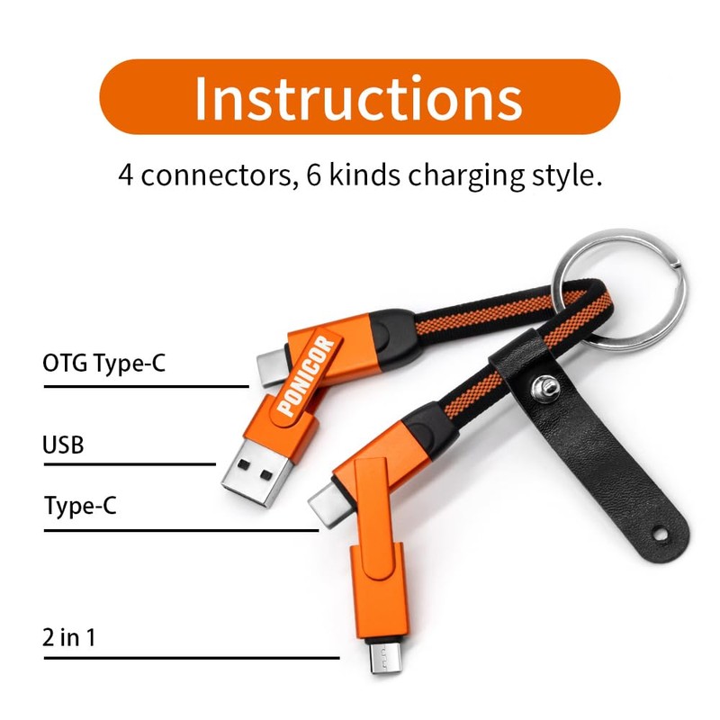 PONICOR 6 in 1 Short Keychain Multi Charging Cable 3A