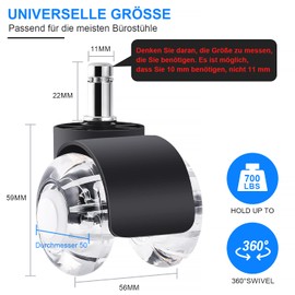 WOLAFOO Office Chair Castors, Wheels for Office Chairs 11 mm x 22 mm, 360 Degree Rotatable Scratch-Resistant Hard Floor Castors, Desk Chair Wheels for Hard Floors, Parquet, Carpet, Laminate and Tiles