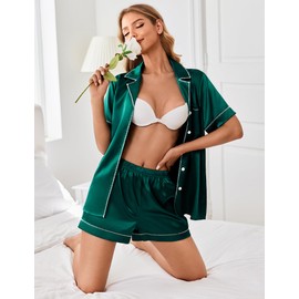 Ekouaer Womens Satin Silk Pajamas Set Short Sleeve Sleepwear Button Down Top and Shorts Loungewear 2 Piece Pjs Set Lake Green Medium