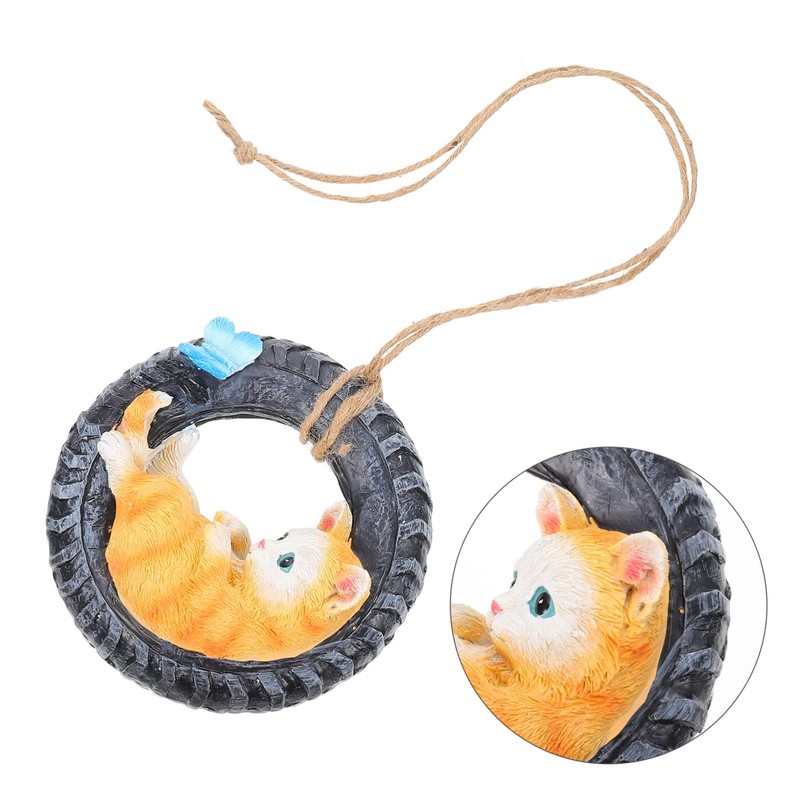 Outanaya Cat Figurine Kitten Lying in Tire Desktop Cat Ornament