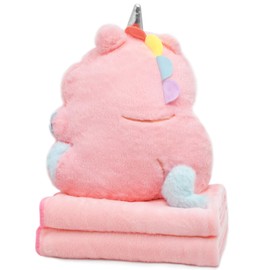 Cyiecw Travel Pillow Blanket 2-in-1, 100 x 170 cm Travel Blanket and Pillow Set, Nap Plush Transformation Pillow, Cuddly Blanket for Children and Adults (Unicorn)