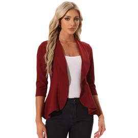 Allegra K Classic Open Front Blazer Jacket for Women's Draped Collar 3/4 Sleeve Ruffle Jacket Outerwear Red XL