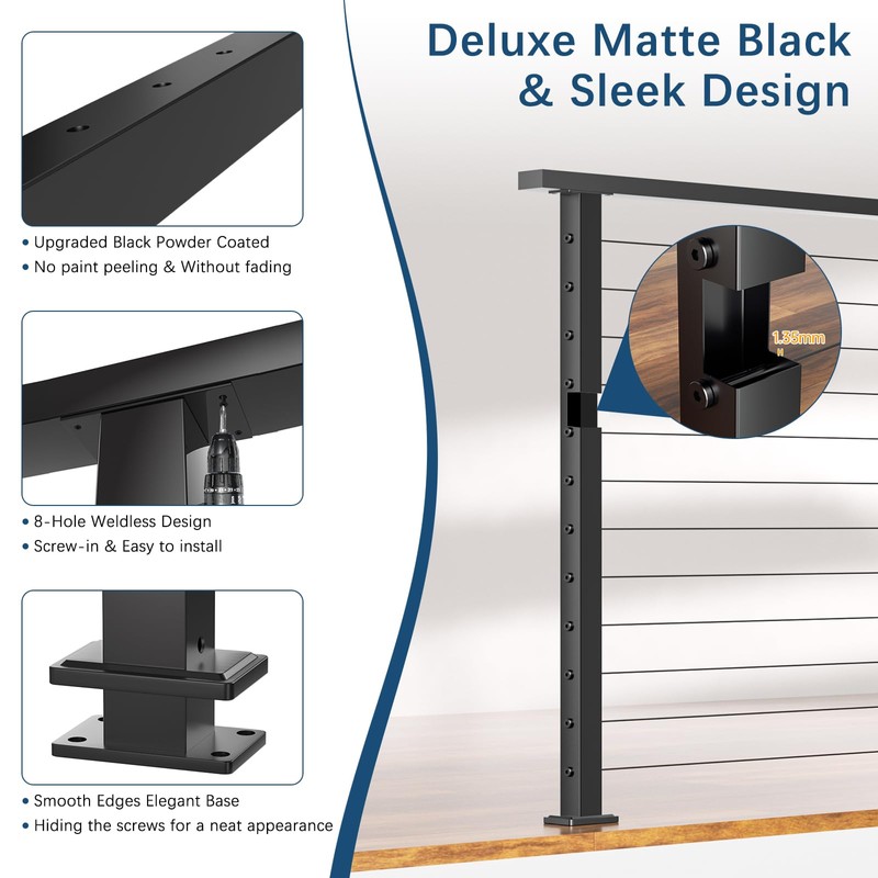 Gyykzz 42" Swageless Black Cable Railing Post, T304 Stainless Steel