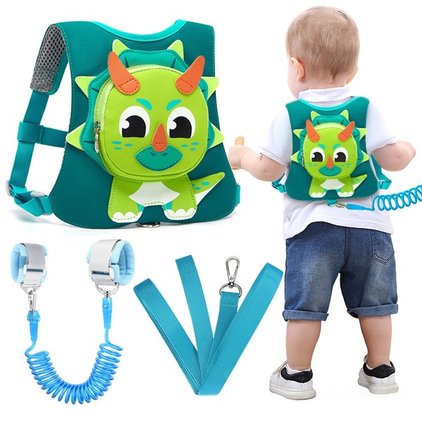 Toddler Harness Leash with Anti Lost Wrist Link, Accmor Kids Dinosaur Harnesses Leashes, Cute Triceratops Kids Walking Wristband Assistant Strap Belt for Parent Baby Boys Outdoor Activity
