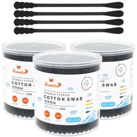 HOMEFOX Black Cotton Swabs Spiral - 600 Count Organic Cotton Buds Double Side Tightly Wrapped Charcoal Cotton Tips Paper Stick Soft Gentle Lint-Free Cruelty-Free Goth Bathroom, Round & Spiral (Black)