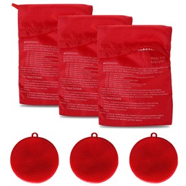 Roucerlin 3 Pack Microwave Potato Bag Kit with Silicone Vegetable Scrubber Brush, Reusable Baked Potato Pouch and Multipurpose Silicone Dish Sponge (Red)