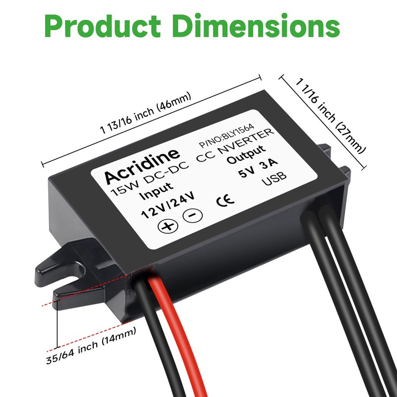 Acridine 12V 24V DC to 5V 3A USB Female DC